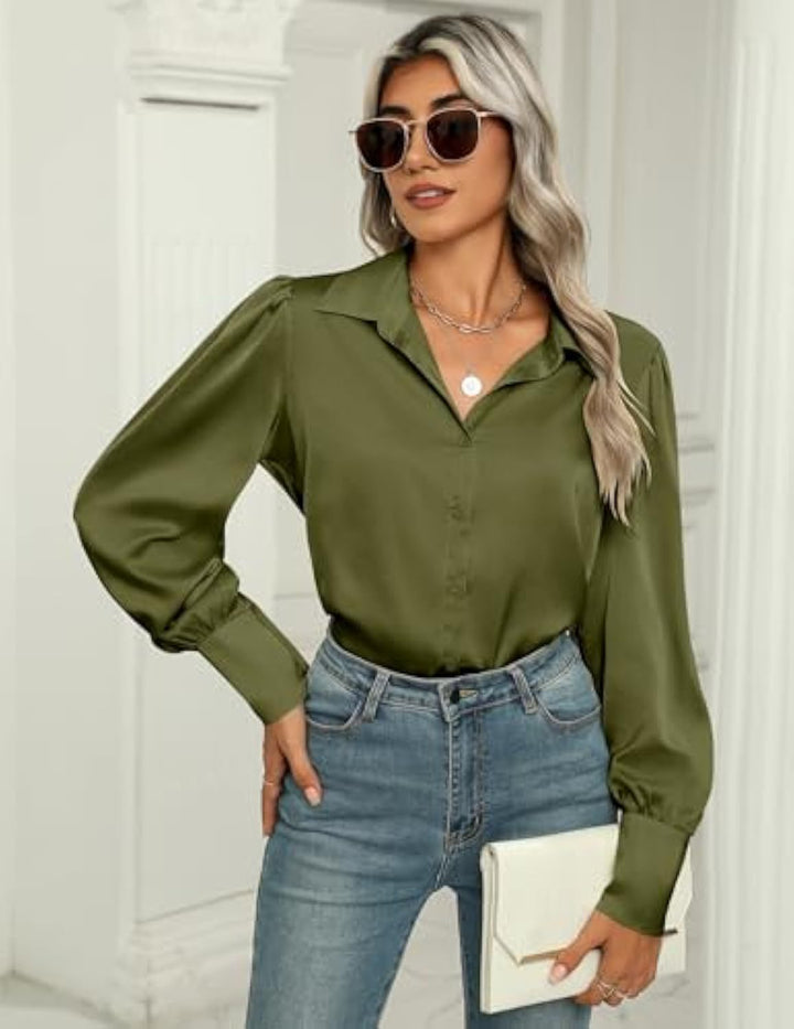 Damen Seidenoptik-Bluse mit Hemdkragen, verdeckter Knopfleiste und langen Manschetten – Élovi