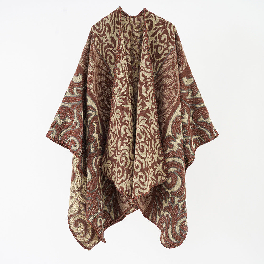 Damen Ornamentaler Jacquard-Capeponcho mit offenem Fall und kastiger Silhouette Echo Archiv