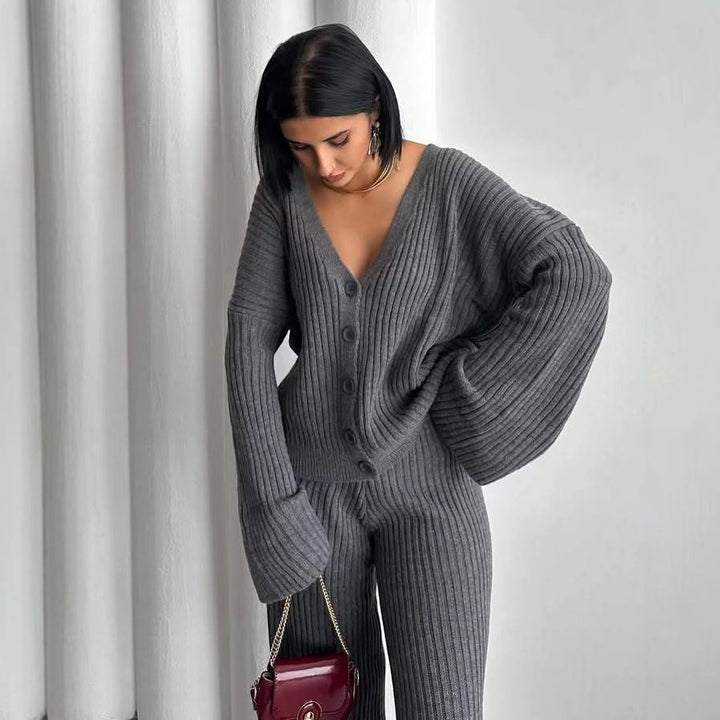 Damen Gerippter Strick‑Zweiteiler mit Oversized‑Cardigan und High‑Waist‑Sweathose – Élanora