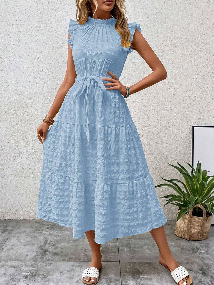 Damen Midikleid mit Stehkragen, Rüschenärmeln und Taillengürtel Echo Archiv