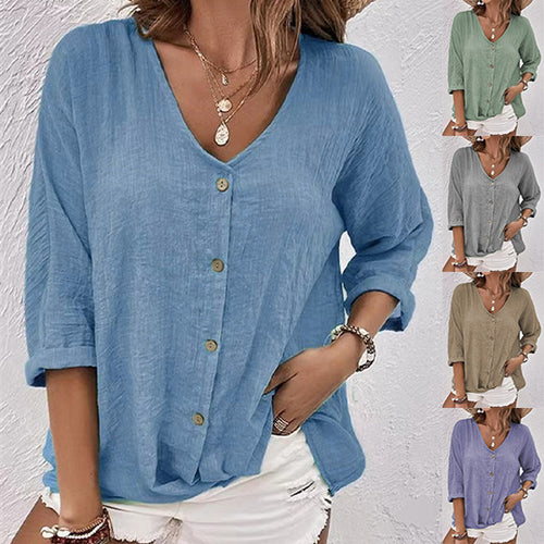 Damen lockere V-Ausschnitt Bluse im Leinenlook mit Knopfleiste und hochrollbaren Dreiviertelärmeln – Élovi
