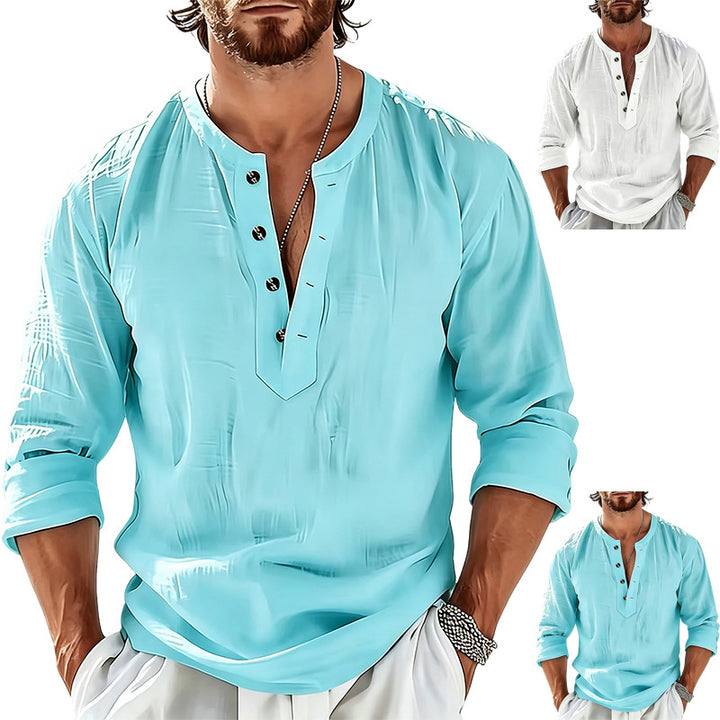 Herren Leichtes Leinen-Henley-Langarmshirt mit Mandarin-Kragen Echoarchiv