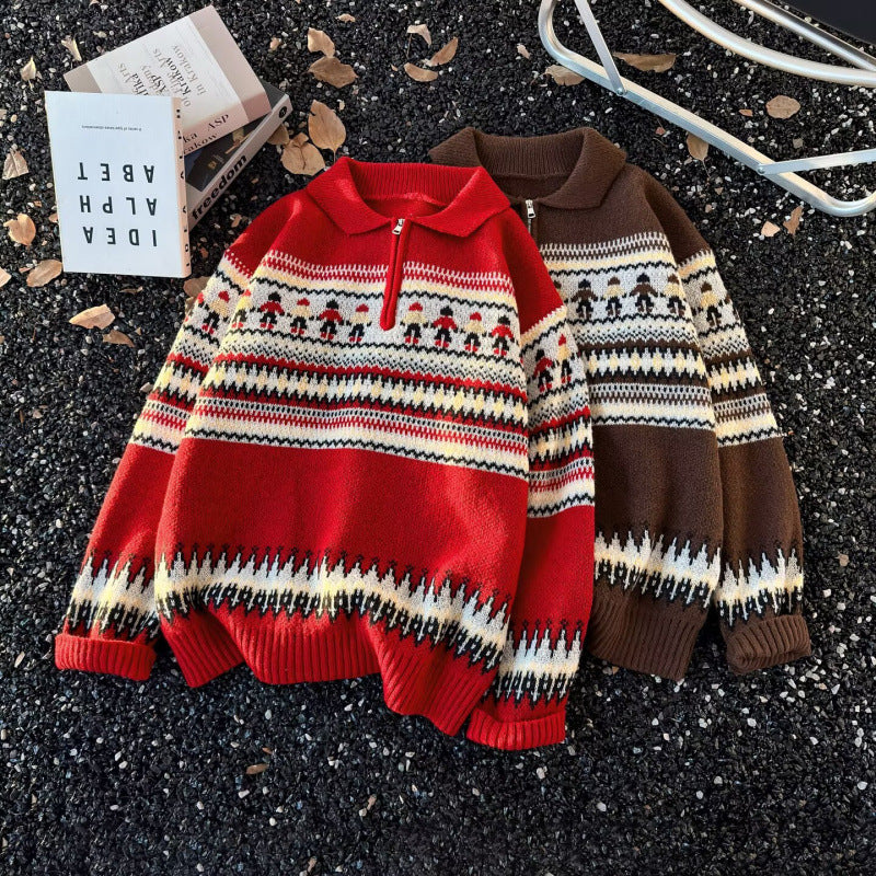 Damen Jacquard-Halbzip-Pullover mit Polokragen und Norweger‑Intarsie Echoarchiv