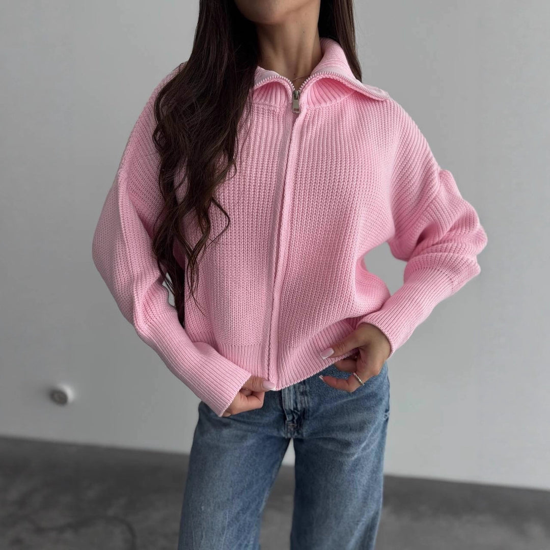 Damen Grobstrick-Zipper-Cardigan mit Ballonärmeln und Stehkragen Echoarchiv