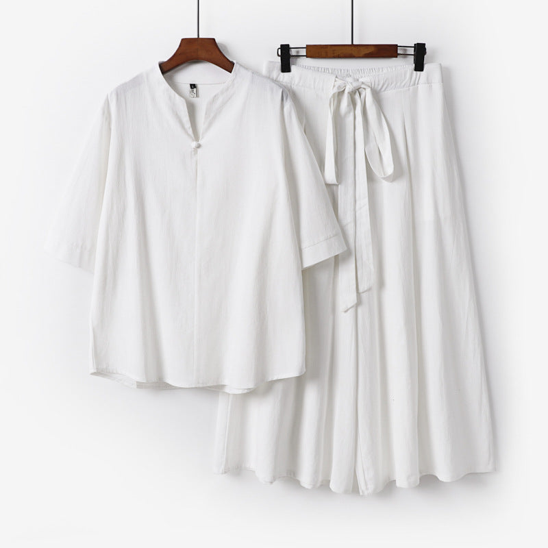 Damen Lässiges Leinen-Viskose Lounge-Set mit Stehkragen-Oberteil und weiten Palazzo-Hose Echoarchiv