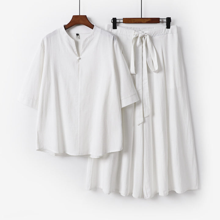 Damen Lässiges Leinen-Viskose Lounge-Set mit Stehkragen-Oberteil und weiten Palazzo-Hose Echoarchiv