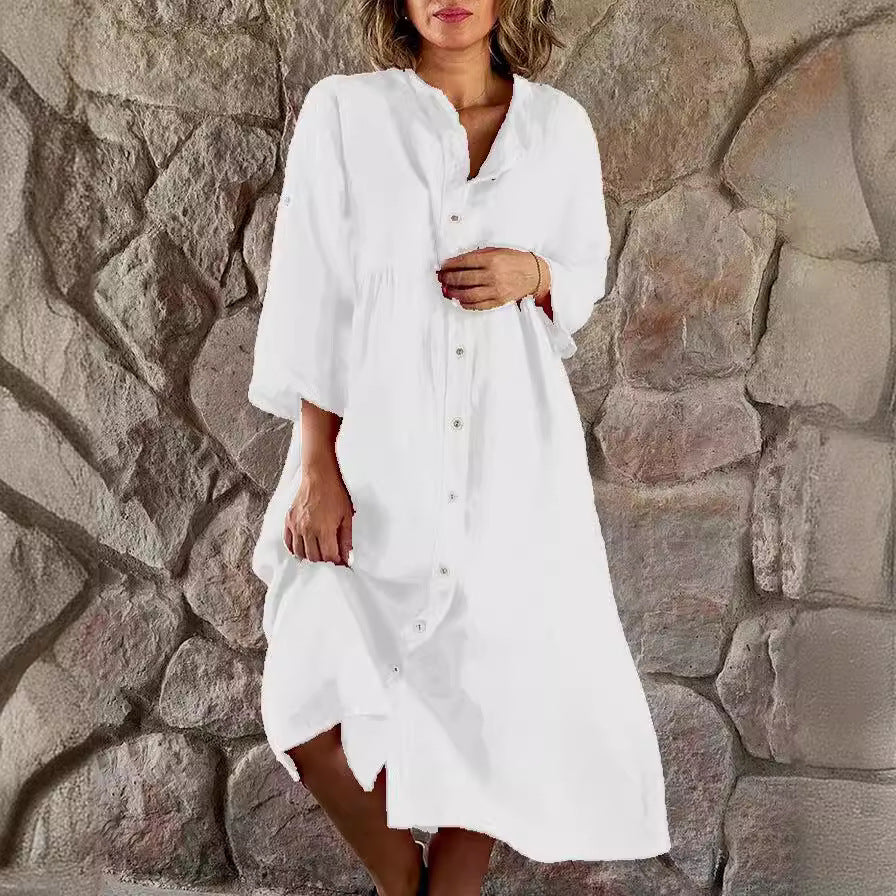 Damen Locker Midi Kleid aus Leinenmischung mit durchgehendem Knopfleiste und Seitentaschen – Élara