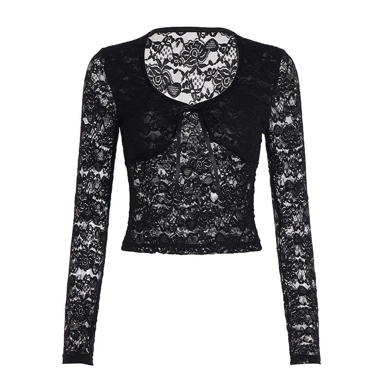 Damen Transparentes Spitzen-Cropped-Top mit langen Ärmeln und Satinschleife – Orélia