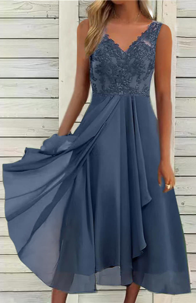 Damen nan elegantes Abend-Midikleid mit bestickter Spitzen-Büste, taillierter Drapierung und fließendem Lagenrock Echoarchiv