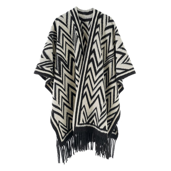 Damen Großer Fransenponcho im Oversize‑Cape mit geometrischem Zickzack‑Jacquard Echo Archiv