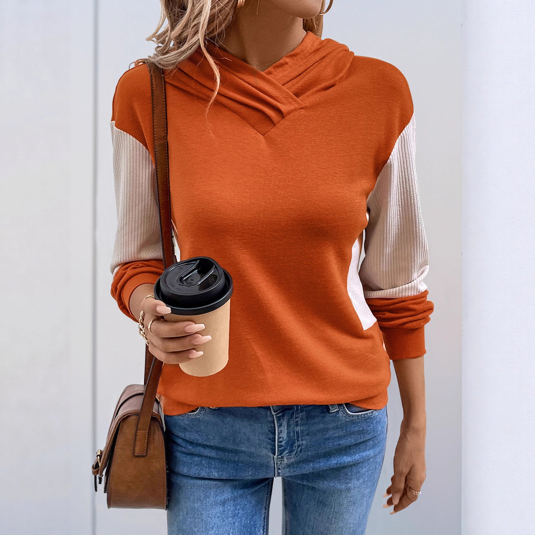 Damen Lässiger Kapuzenpullover mit V‑Kragen, Kontrastärmeln und Rippbündchen Echoarchiv