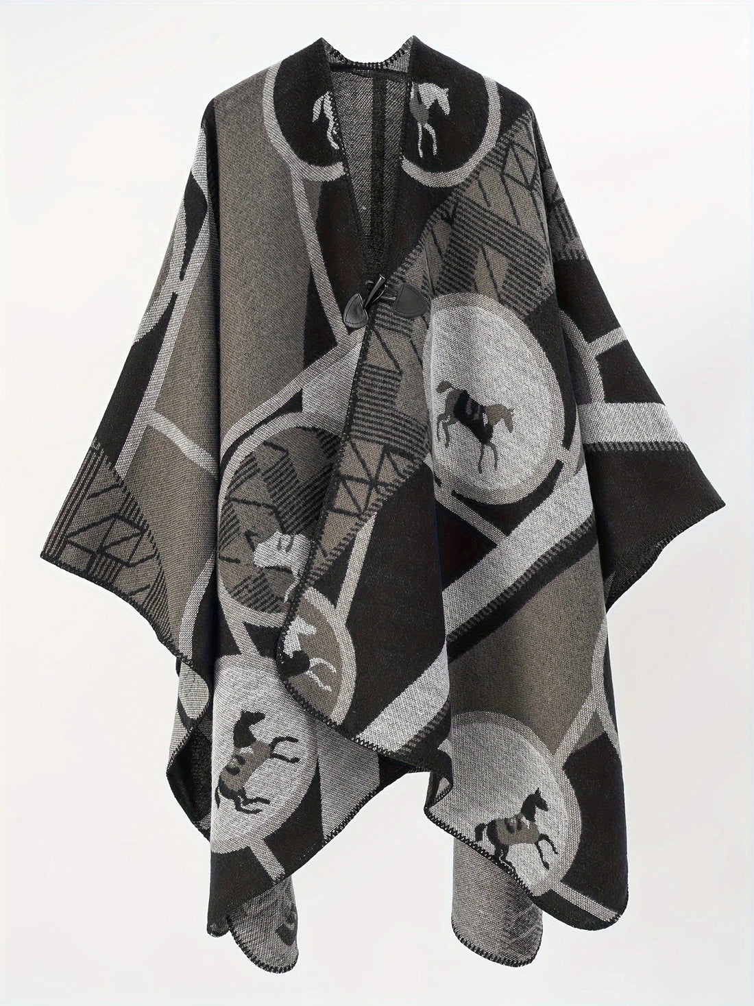 Damen Wollmix-Jacquard-Ruana mit Pferdemotiv, Knebelverschluss und offener Kimono-Silhouette – Montévia