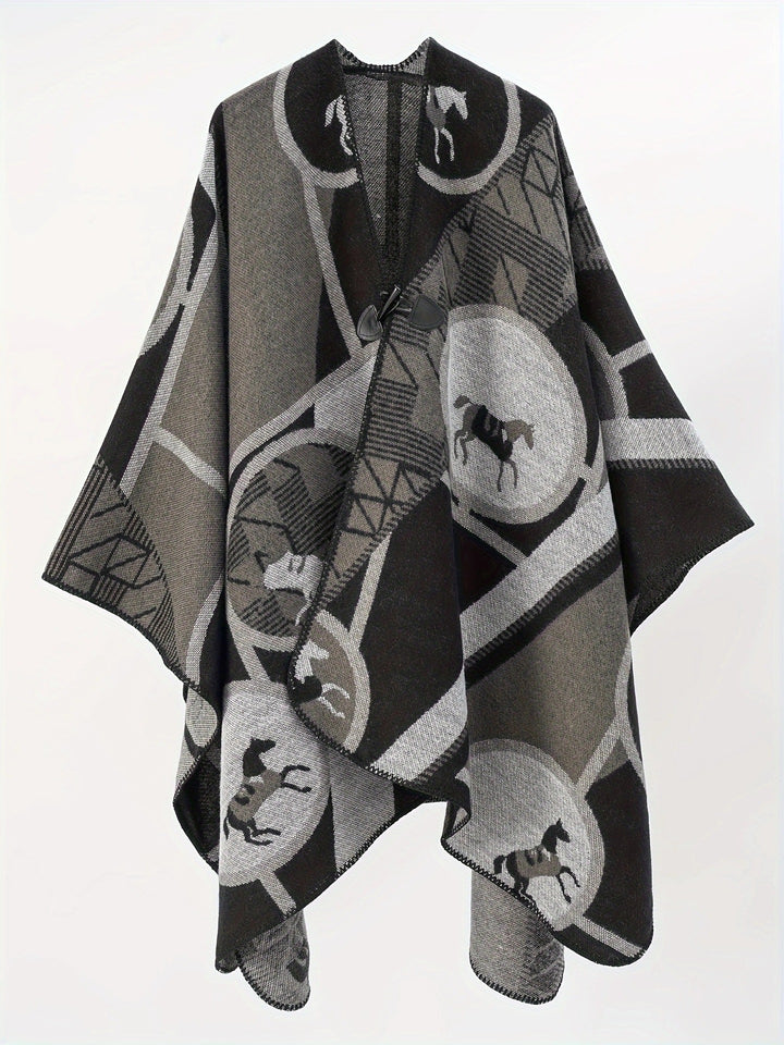 Damen Wollmix-Jacquard-Ruana mit Pferdemotiv, Knebelverschluss und offener Kimono-Silhouette – Montévia