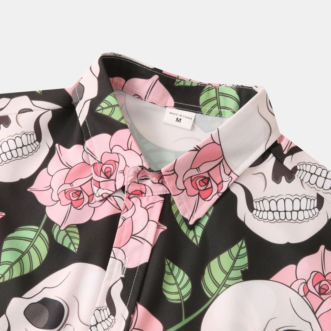 Herren Kurzarmhemd mit kreativem Totenkopf- und Blumenmuster Echoarchiv 1757487585
