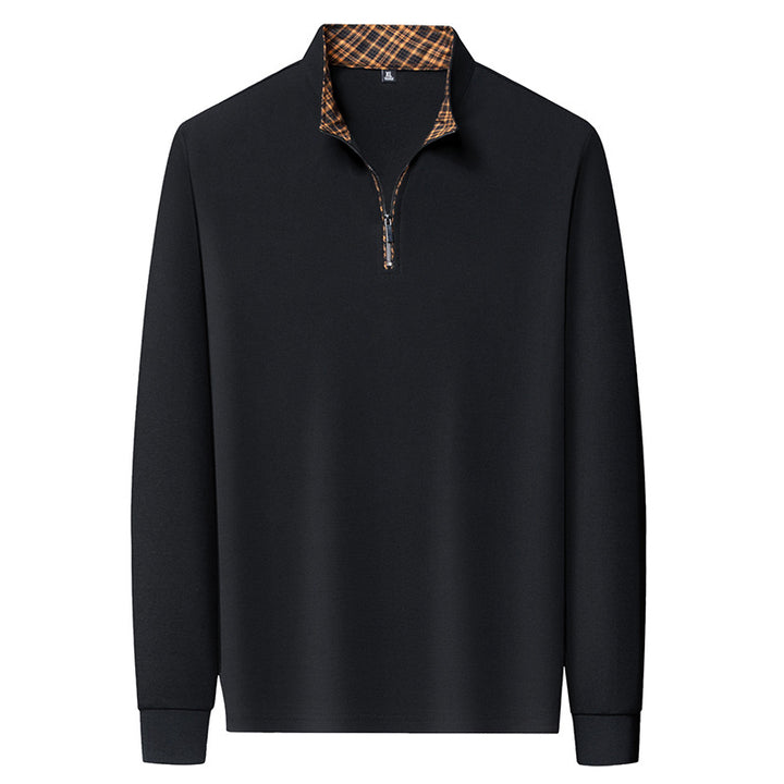 Herren Langarm-Halbzip-Pullover mit Stehkragen und kariertem Innenkragen – Marzano