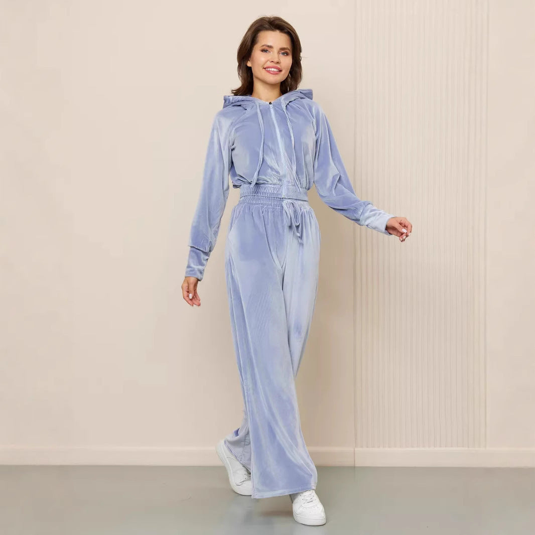 Damen luxuriöses Velours-Lounge-Set mit kurzem Reißverschluss-Hoodie und weitem Comfort-Hose – Auréline