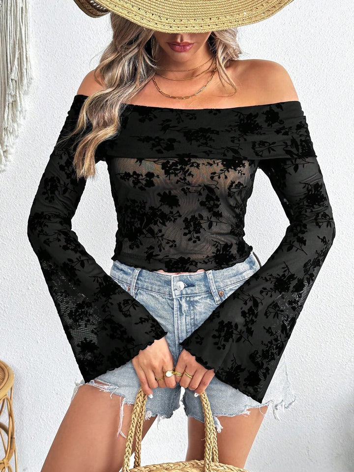 Damen nan schulterfreies Netz-Top mit floraler Samtflock-Applikation, bauchfreiem verkürztem Schnitt und Trompetenärmeln Echo Archiv