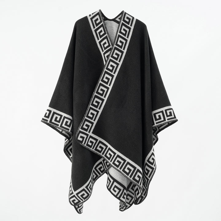 Damen Cape‑Poncho mit Mäander‑Bordüre und Wollmix‑Qualität – Montévia