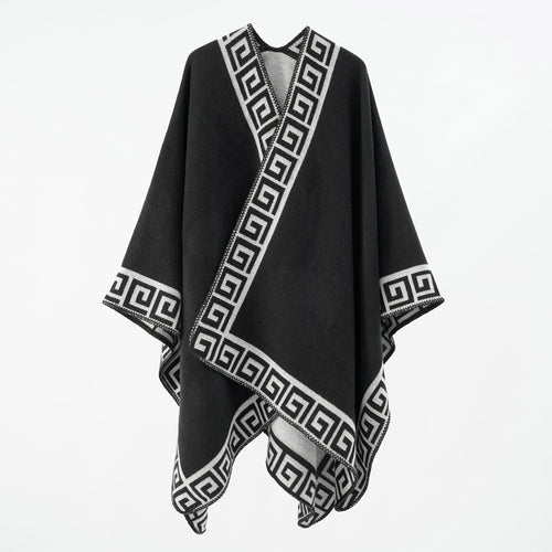 Damen Cape‑Poncho mit Mäander‑Bordüre und Wollmix‑Qualität – Montévia