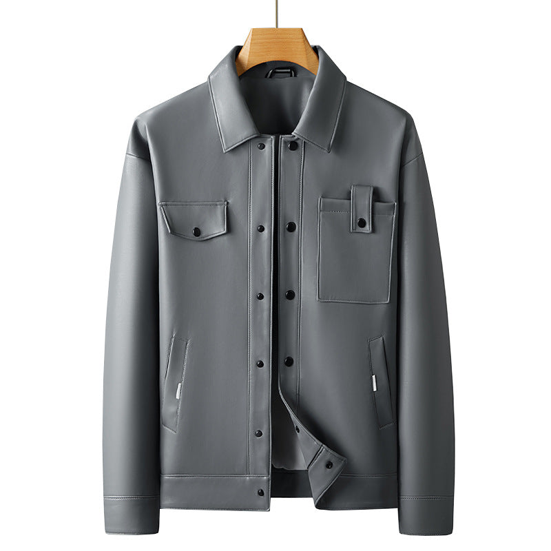 Herren Minimalistische Lederimitat-Utility-Jacke mit Druckknopf-Verschluss und Mehrfachtaschen Echo Archiv