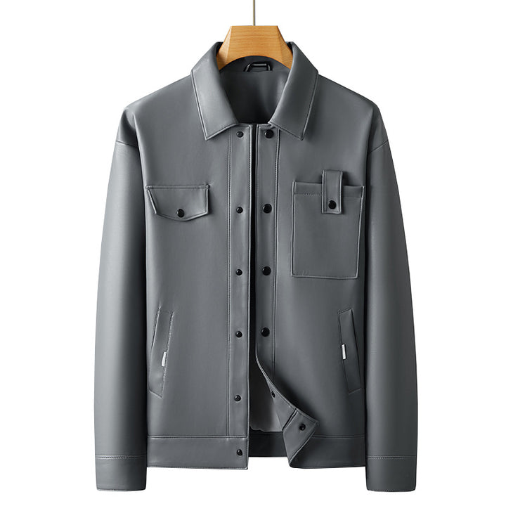 Herren Minimalistische Lederimitat-Utility-Jacke mit Druckknopf-Verschluss und Mehrfachtaschen Echo Archiv