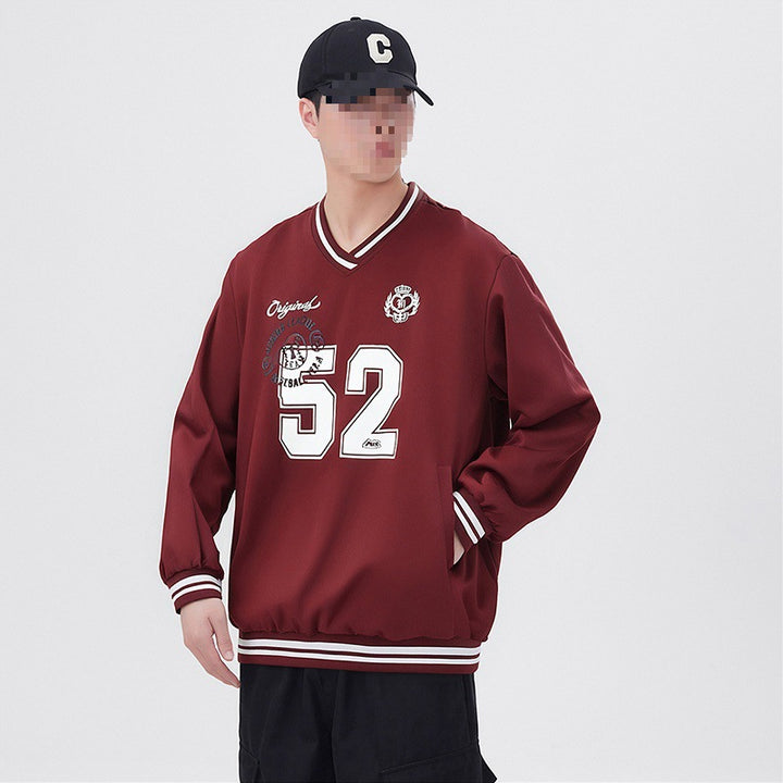 Herren Oversize V‑Ausschnitt Sportsweatshirt im College‑Look mit gestreiften Bündchen Echoarchiv