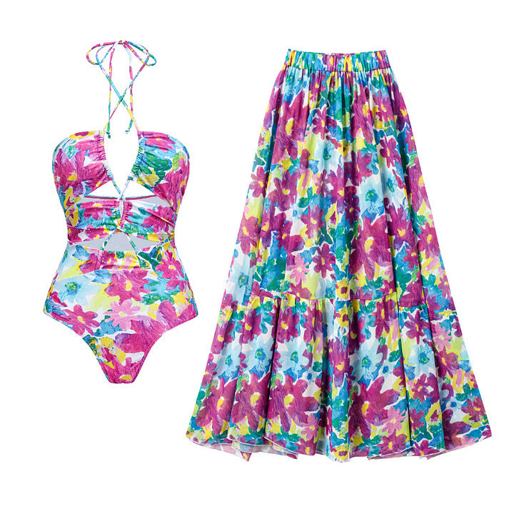 Damen Bikiniset mit voluminösen Rüschendetails und fließendem Maxi-Rock Echo Archiv