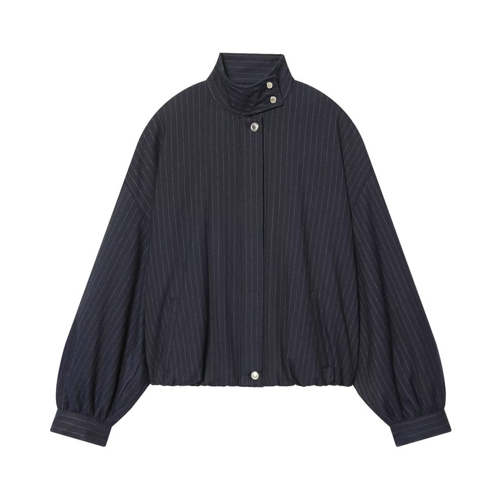 Damen Kurze Nadelstreifen-Blousonjacke mit Stehkragen, Ballonärmeln und elastischem Saum Echoarchiv