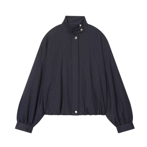 Damen Kurze Nadelstreifen-Blousonjacke mit Stehkragen, Ballonärmeln und elastischem Saum Echoarchiv