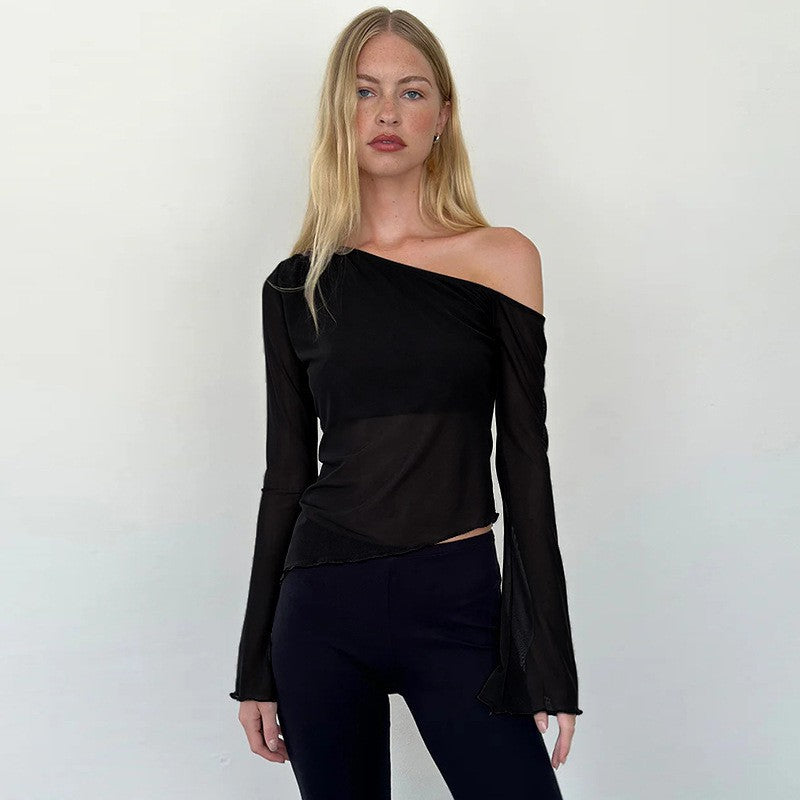 Damen asymmetrisches Langarmshirt mit transparenten Ärmeln und figurbetonter Silhouette Echo Archiv