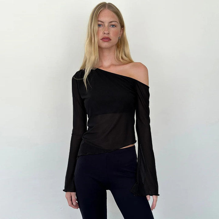 Damen asymmetrisches Langarmshirt mit transparenten Ärmeln und figurbetonter Silhouette Echo Archiv