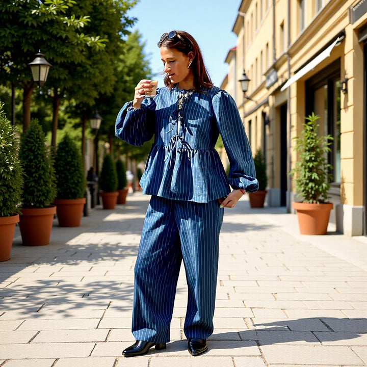 Damen Gestreifte Peplum‑Bluse mit vorderer Schnürung und langen Ballonärmeln Echo Archiv