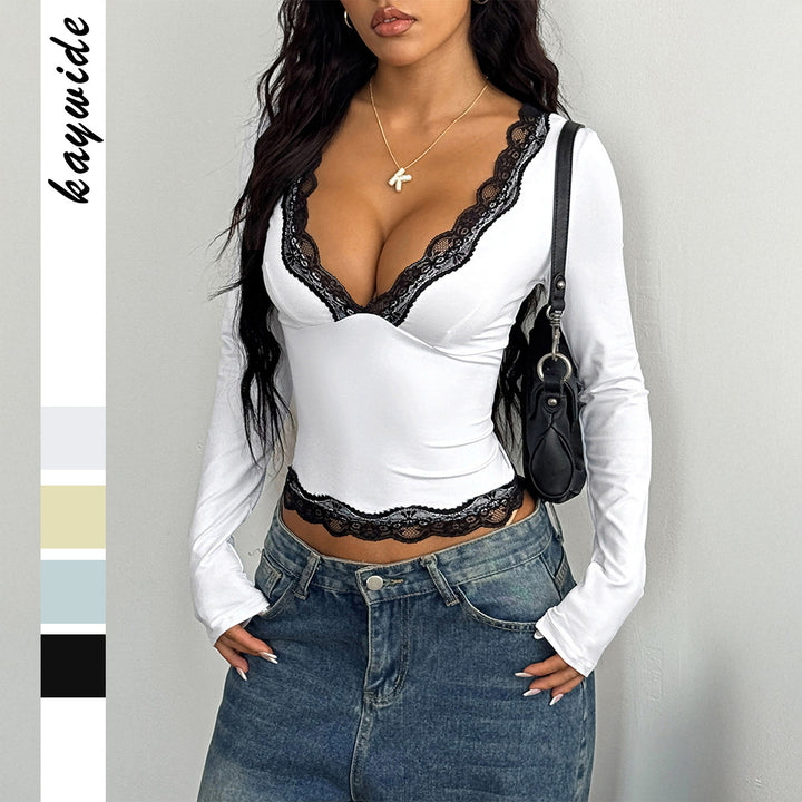 Damen nan elegantes Spitzen-Longsleeve-Crop-Top mit tiefem V-Ausschnitt und figurformender Passform Echo Archiv