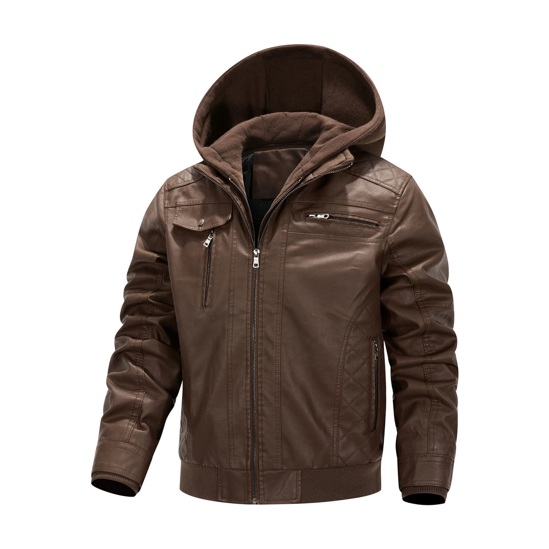 Herren Kunstleder-Bikerjacke mit abnehmbarer Kapuzenblende und gesteppter Seitenpartie Echoarchiv