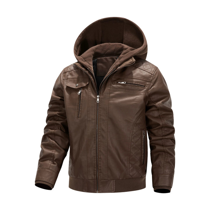 Herren Kunstleder-Bikerjacke mit abnehmbarer Kapuzenblende und gesteppter Seitenpartie Echoarchiv