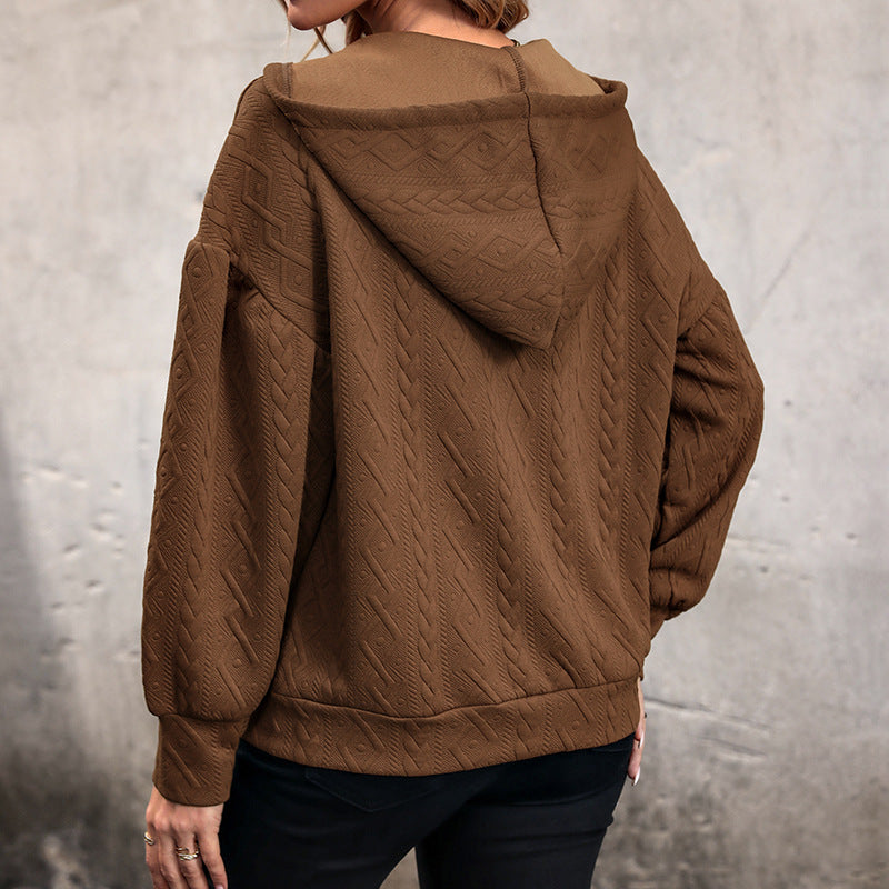 Damen Strukturiertes Zopfmuster-Kapuzen-Sweatshirt mit V-Ausschnitt und Ballonärmeln Echoarchiv