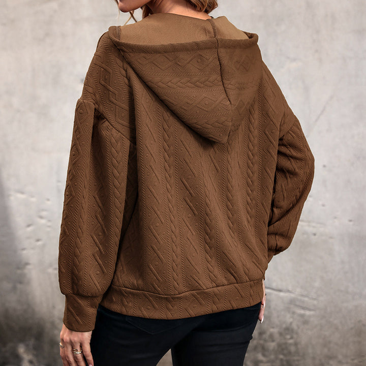 Damen Strukturiertes Zopfmuster-Kapuzen-Sweatshirt mit V-Ausschnitt und Ballonärmeln Echoarchiv