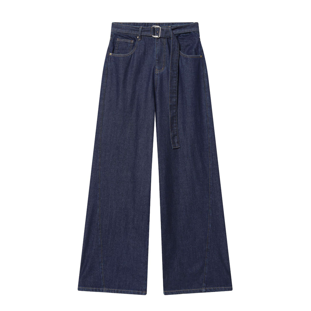 Damen hochgeschnittene Jeans mit weitem Bein, Stoffgürtel und großen Vordertaschen – Dénora