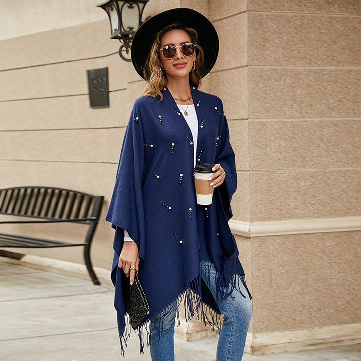 Damen Eleganter bestickter Wollmix-Poncho‑Cape mit Perlenbesatz – Avérine