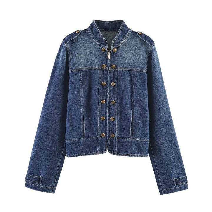 Damen Jeansjacke mit Stehkragen, Doppelreihen‑Druckknöpfen und Schulterklappen Echo Archiv
