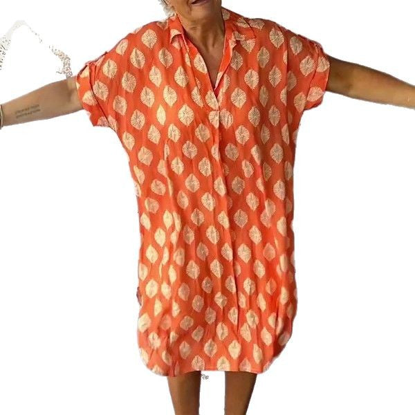 Damen nan legeres Kaftan-Midikleid mit Hemdkragen V-Ausschnitt kurzem Fledermausärmel und seitlichen Eingrifftaschen Echo Archiv