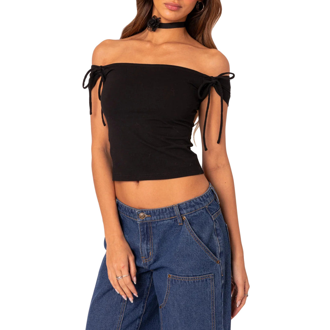 Damen raffiniertes Off-Shoulder T-Shirt mit eleganten Bindebändern Echo Archiv