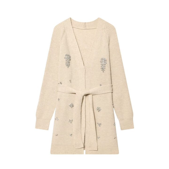 Damen Longcardigan mit Bindegürtel und Schmuckstein‑Applikation Echo Archiv