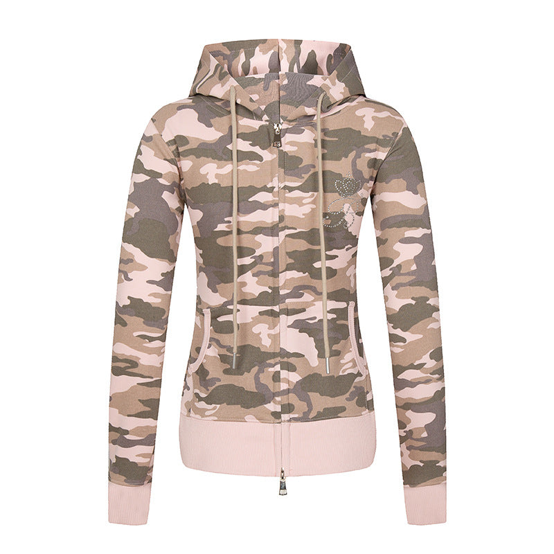 Damen Kapuzen-Sweatjacke mit zweiseitigem Reißverschluss, Camouflage-Print und Strass‑Schmetterling Echoarchiv