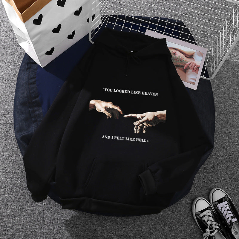 Damen Oversize Kapuzenpullover mit Kängurutasche und Renaissance‑Handmotiv, weiches Fleece Innenfutter – Auréline