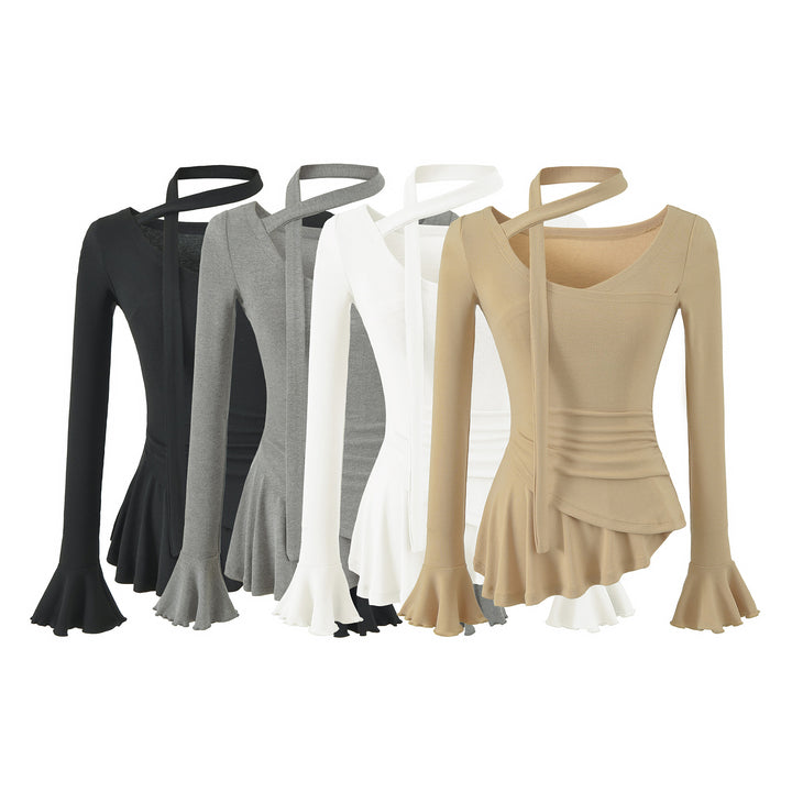 Damen Asymmetrisches tailliertes Langarm-Top mit Wickelschal, ausgestellten Volantärmeln und Stufenpeplum Echoarchiv