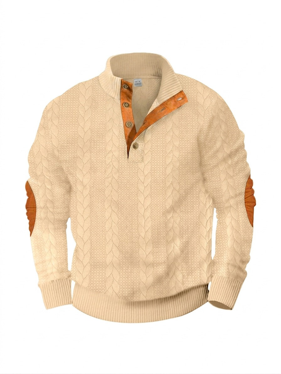 Herren nan lässiger Zopfstrickpullover mit verstärkter Knopfleiste und Wildleder-Ellenbogenpatches Echo Archiv