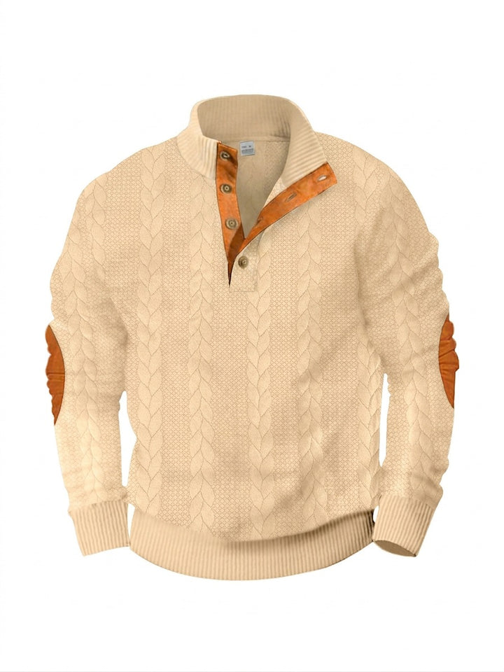 Herren nan lässiger Zopfstrickpullover mit verstärkter Knopfleiste und Wildleder-Ellenbogenpatches Echo Archiv