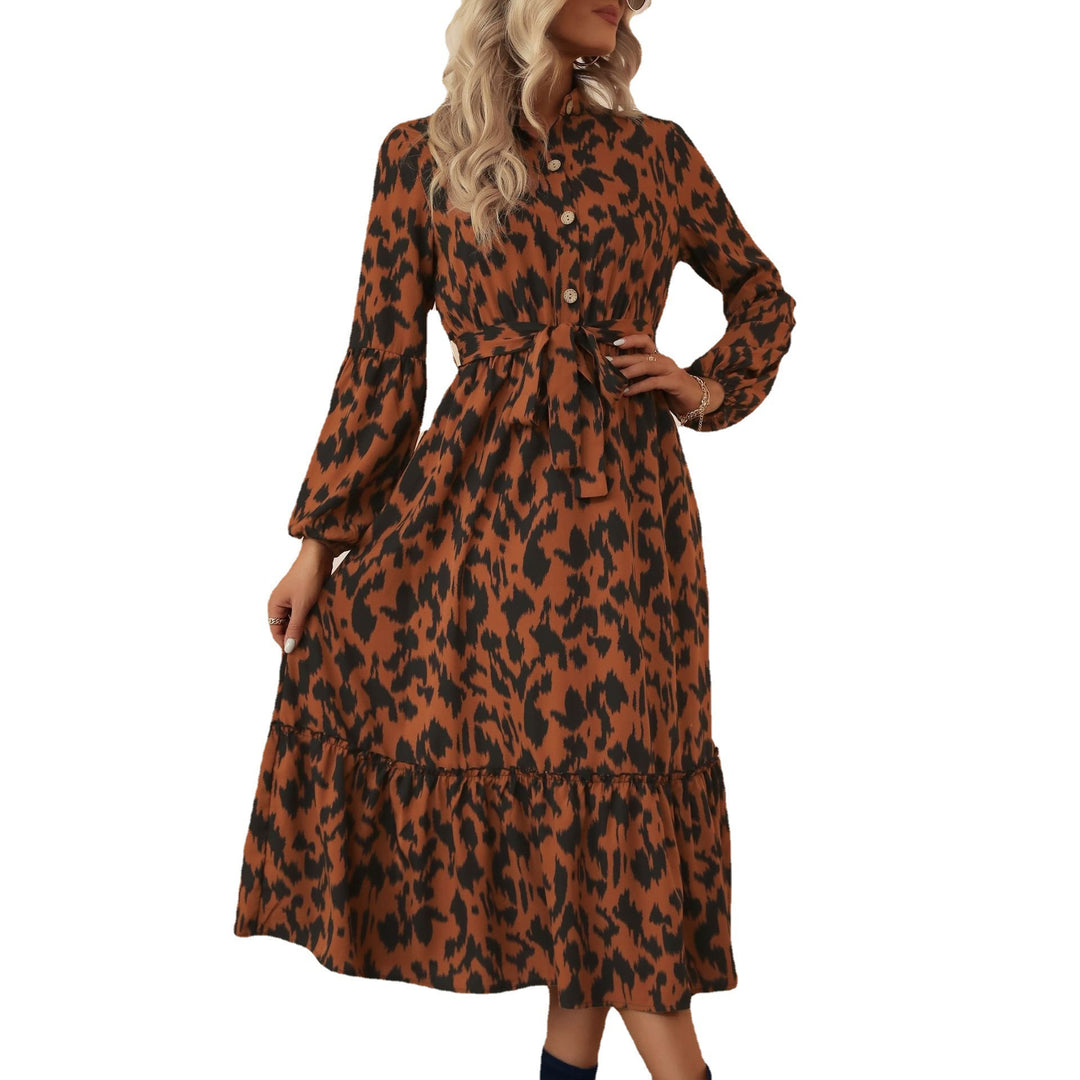 Damen Midikleid mit Animal-Print, Knopfleiste, Taillengürtel und Stufenrock Echoarchiv