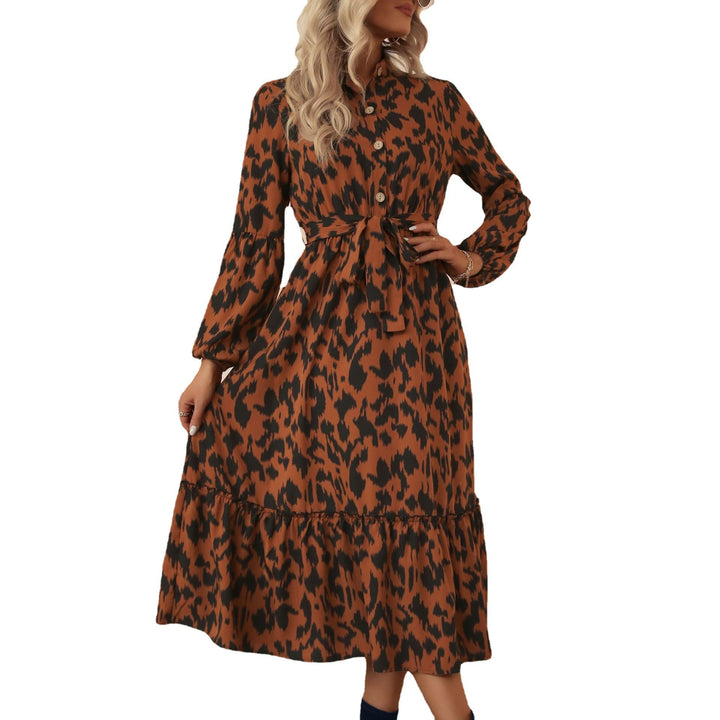 Damen Midikleid mit Animal-Print, Knopfleiste, Taillengürtel und Stufenrock Echoarchiv
